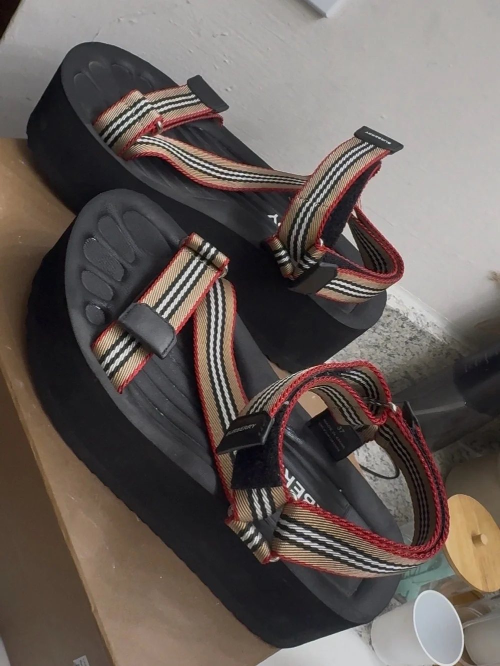 Burberry Black Platform Sandals with Red and Tan Striped Webbing